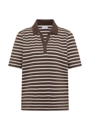 Bruin-beige horizontaal gestreept poloshirt met korte mouwen, open kraag en CECIL merklabel aan de binnenkant van de nek.