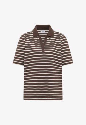 Polo à manches courtes rayé horizontalement marron et beige avec col ouvert et étiquette de marque CECIL à l'intérieur du col.