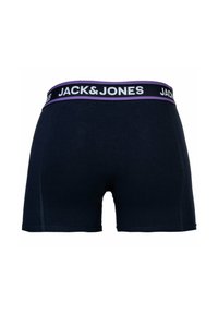 Boxers pour hommes bleu marine avec une taille en élastique noire et violette arborant le logo "JACK&JONES". Texture lisse et design ajusté.