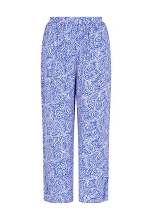 Siniset paisley-kuvioiset leveät housut elastisella vyötäröllä. Sujuva kangas, jossa on kuvioitu design, tarjoaa rennon istuvuuden.