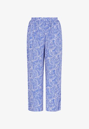 Siniset paisley-kuvioiset leveät housut elastisella vyötäröllä. Sujuva kangas, jossa on kuvioitu design, tarjoaa rennon istuvuuden.