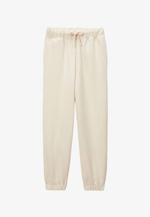 Pantalons de jogging beige clair en tissu doux, dotés d'une taille élastique avec cordon de serrage, de poches latérales et de poignets élastiques aux chevilles.