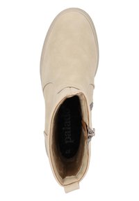 Beżowe botki sięgające do kostki o gładkim wykończeniu z zamszu, z okrągłym noskiem, zamkiem błyskawicznym z boku oraz miękką podszewką wewnętrzną. Minimalistyczny design z subtelnymi akcentami.