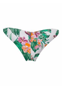 Slime bikini con un vivace motivo di fiori rosa e arancioni su uno sfondo bianco, con foglie verdi e una texture liscia.