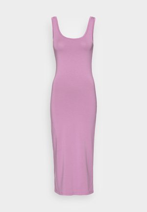 Sleeveless, floor-length dress in soft pink fabric, featuring a scoop neckline and a form-fitting silhouette. Smooth texture, no patterns.