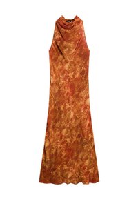 Robe sans manches en tissu rouge-orange chaud, avec un décolleté drapé, une texture à motifs et un ourlet évasé. Design global décontracté.