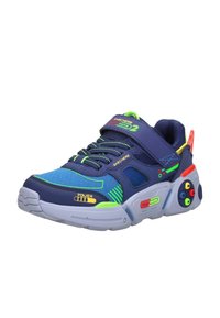 Kinder Sneaker von Skechers in Marineblau und Neon-Grün mit Klettverschluss und bunten Designs von Spielsteuerungstasten auf der Sohle.