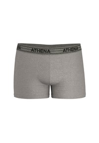 Boxers gris en tissu doux, offrant un maintien confortable et une taille élastique avec un logo "ATHENA" en noir.