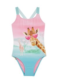 Viena gabala peldkostīms ar žirafes grafiku, kas valkā rozā saulesbrilles, pārejošs pastelīgi rozā uz zilu gradientu un plānām, regulējamām siksnām.
