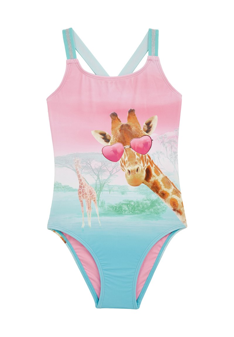 Viena gabala peldkostīms ar žirafes grafiku, kas valkā rozā saulesbrilles, pārejošs pastelīgi rozā uz zilu gradientu un plānām, regulējamām siksnām.