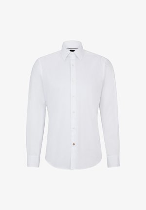 Weißes Langarmhemd mit Button-Down-Kragen, ausgestattet mit einer Reihe kleiner Knöpfe und einem einzelnen kontrastierenden Knopf-Akzent.