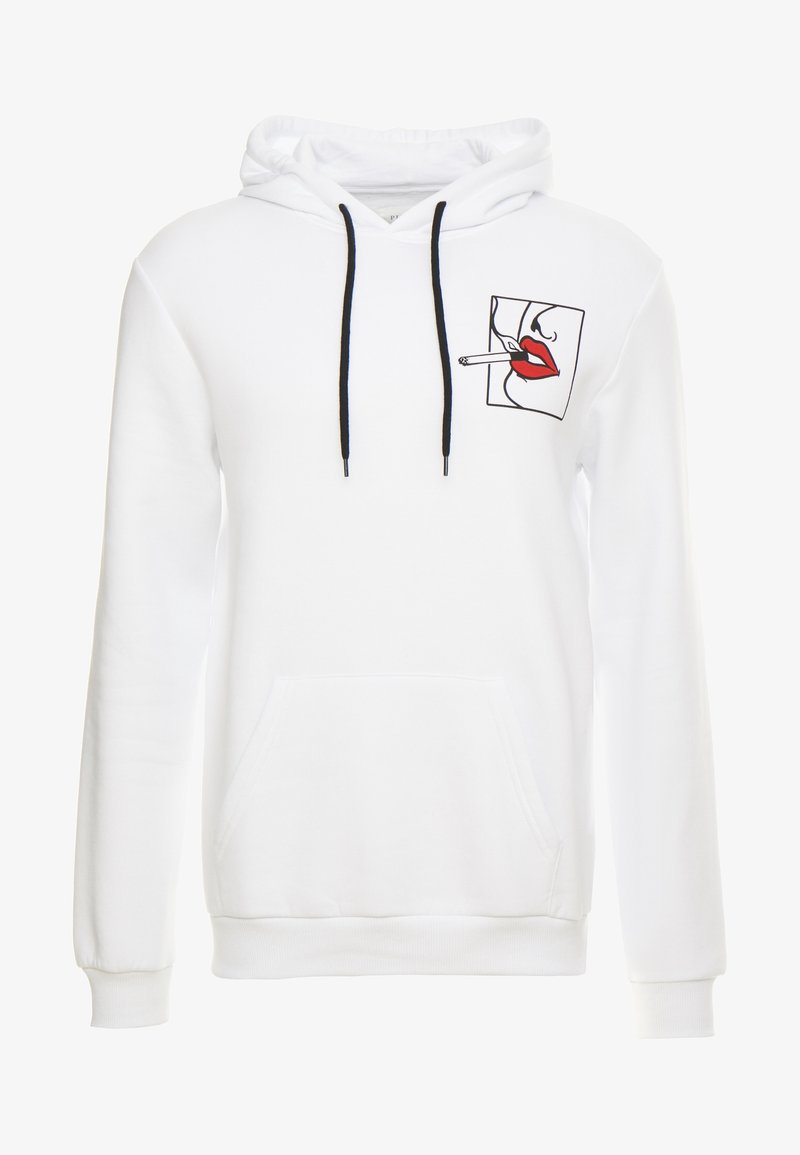 Sweat à capuche blanc avec cordons noirs et petit motif de lèvres rouges fumant une cigarette sur le côté gauche de la poitrine.
