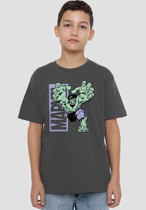 Dark gray t-shirt featuring a green character with oversized hands and feet, printed in black and light green with "MARVEL" in purple text.