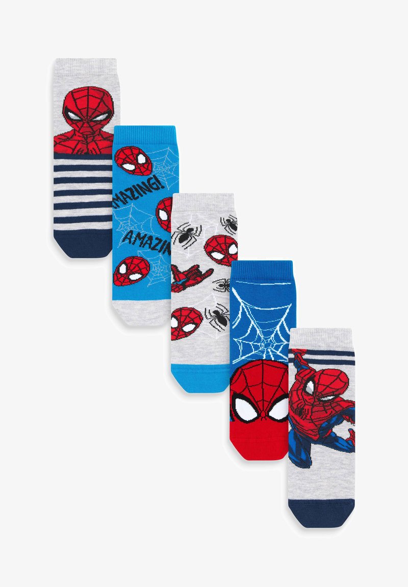 Set van vijf paar sokken met verschillende Spider-Man ontwerpen, kleuren zijn onder andere blauw, grijs en rood, met patronen en stripboekelementen door de hele sok.