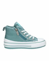Zapatillas altas de lona en verde azulado con punta y suela de goma blanca. Cuentan con un cierre de cremallera, parte delantera con cordones y rayas texturizadas blancas en la suela.