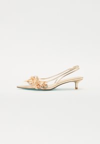 Scarpa slingback dorata con punta affusolata, decorata con dettagli floreali e tacco di 5 cm. Design trasparente con dettagli intricati.