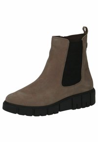 Kotníčková bota s měkkým nubukovým povrchem v taupe barvě, černými elastickými bočními panely a masivní černou podrážkou. Obsahuje poutko pro snadné obouvání.
