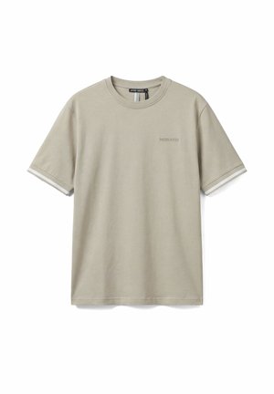 Beige T-shirt met korte mouwen en ronde hals, voorzien van een klein "MORATO" logo op de borst en witte streepaccenten aan de mouwzomen.