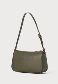 Olive green handbag made of textured synthetic material, featuring a zip closure, adjustable strap, and gold-tone hardware accents.