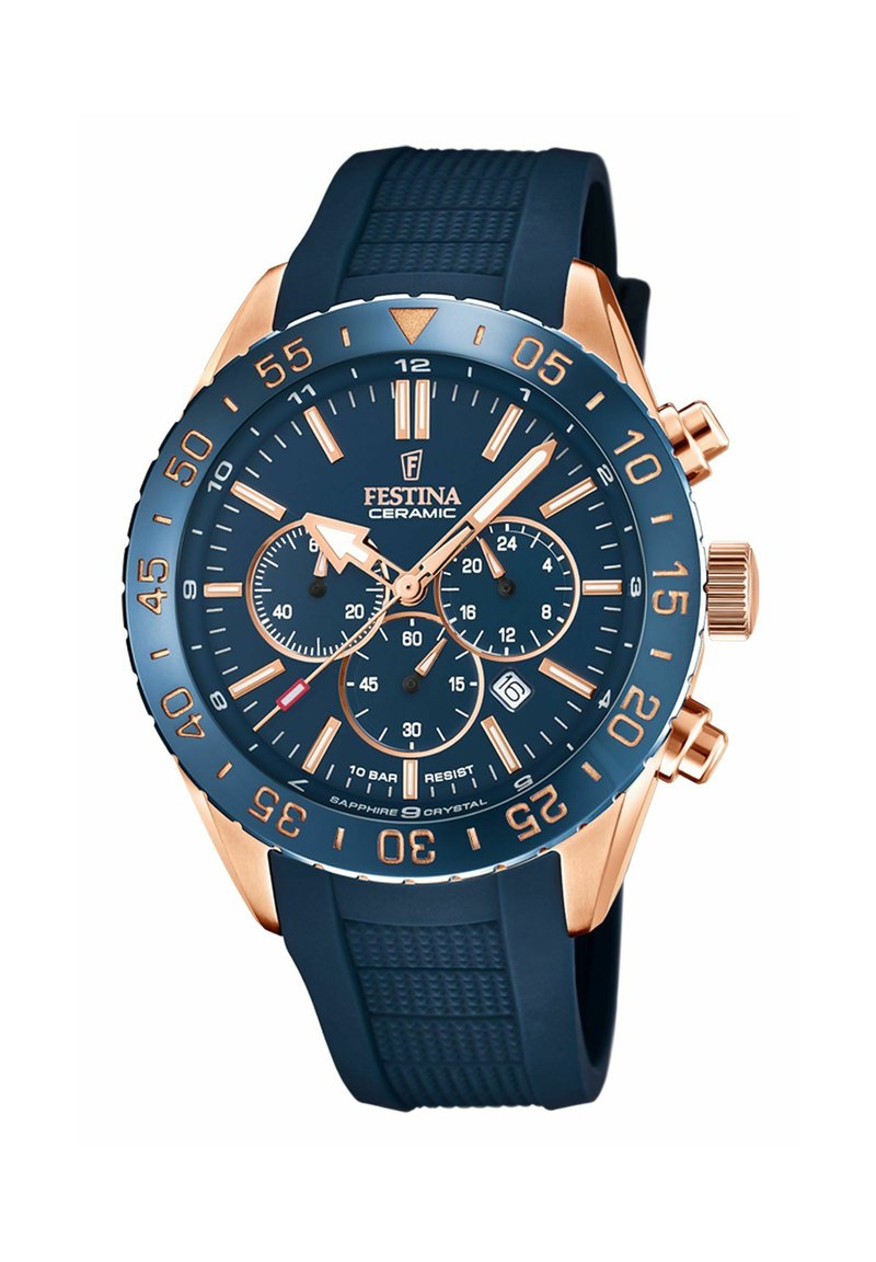 Reloj de cerámica azul marino con acentos en oro rosa, diales de cronógrafo, índices de horas elevados, correa de goma y cristal de zafiro. Resistente al agua hasta 10 bares.