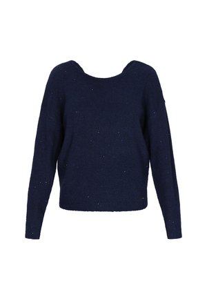 Granatowy sweter z długim rękawem, wykonany z dzianiny, z dekoltem w serek i subtelnymi, błyszczącymi detalami w całym materiale.