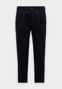 Dark navy trousers made of textured fabric, featuring a button closure, pleats, and an elastic waistband for comfort. Straight-leg design.