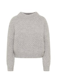Pulover gri tricotat cu un model texturat, guler și margine de tip ribi, și mâneci lungi. Fabricat dintr-un material moale și confortabil, cu un design scurt.
