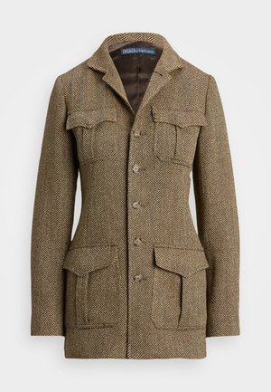 Braune Fischgrät-Tweedjacke mit einem Kragen, zwei Brusttaschen und zwei Seitentaschen. Verfügt über eine Knopfleiste und eine strukturierte Passform.