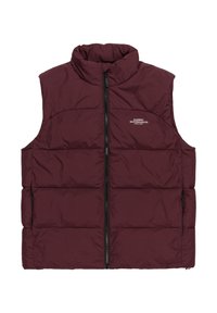 Burgundyröd vadderad väst med hög krage, framdragkedja och logodetaljer. Har en elegant design och textilmaterial för värme.