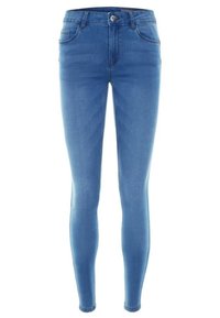 Sich eng anliegende Jeans aus blauen Denim, mit einem klassischen Five-Pocket-Design, vorderem Knopfverschluss und glatter Oberfläche mit leichter Verblassung.