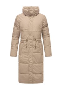 Beige puffer coat with a high collar, cinched waist, and two front pockets. Features a quilted design and minimal branding on the chest.