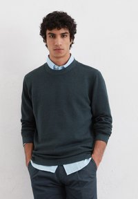 Dunkelgrüner Rundhals-Pullover aus Strickstoff, getragen über einem hellblauen Hemd mit Kragen, mit gerippten Bündchen und Saum.