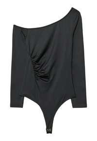 Svart långärmad bodysuit med axelbandslös design, rynkade sidodetaljer, mjuk textur och knappstängning nertill.