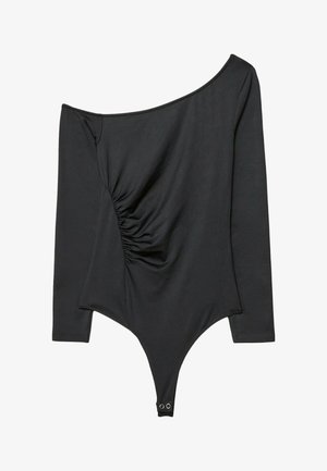 Černý body s dlouhým rukávem a off-shoulder designem, s nařasenými detaily po stranách, hladkou texturou a patentkami na dně.