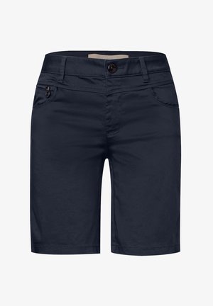 Marina blå shorts gjorda av ett mjukt tyg, med en knappstängning fram, en dragkedjeficka och två sidofickor med snygg sömnad.