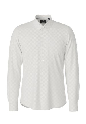 Camicia bianca a maniche lunghe con motivo a scacchiera sottile, chiusura con bottoni e colletto appuntito.