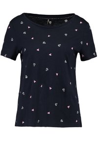 Námořnická modrá bavlněná tričko s krátkým rukávem, zdobené rozptýlenými vzory růžových a bílých srdcí a diamantů. Kulatý výstřih, volný střih.