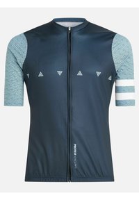 Maillot de cyclisme pour hommes en bleu foncé avec des manches à motifs bleus clairs, court zip, graphiques géométriques et rayures réfléchissantes blanches. Texture douce.