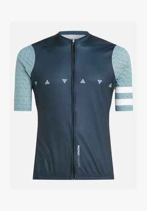 Mannenfietsjersey in donkerblauw met lichtblauwe patroonsleeves, korte rits, geometrische graphics en reflecterende witte strepen. Zachte textuur.