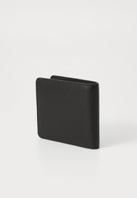 Black leather wallet with a smooth texture, rectangular shape, rounded edges, and subtle stitching detail. Compact and minimalist design.