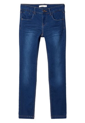 Granatowe jeansy slim fit z przednimi kieszeniami, szlufkami na pasek, zapięciem na guziki i subtelnym przecieraniem na przedniej części ud.
