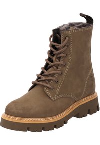 Brązowy skórzany botek za kostkę z okrągłym noskiem, sznurowanym przodem, wyściełanym kołnierzem i bieżnikiem. Posiada kontrastowe przeszycia i teksturowaną powierzchnię.