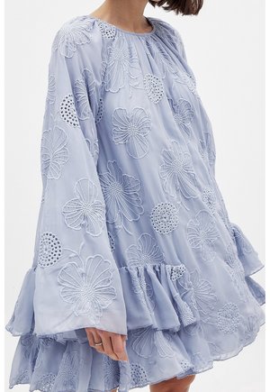 Lyseblå broderet kjole med blomsterprint, lange ærmer, flæsekant og transparent stof. Har detaljerede stingudsmykninger.
