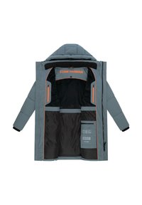 Gray insulated coat with black lining, orange accents, and multiple pockets. Features a high collar and hood, zip closures, and logo detail.