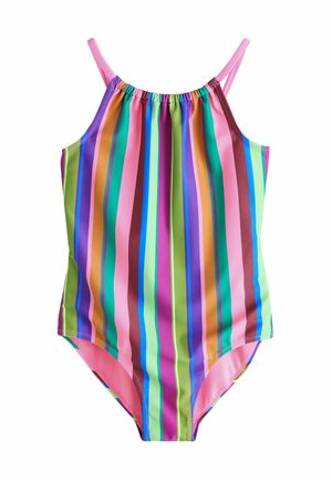 Heller, mehrfarbiger Badeanzug mit vertikalen Streifen, dünnen pinkfarbenen Schulterriemen und gerafftem Ausschnitt für Kinder.