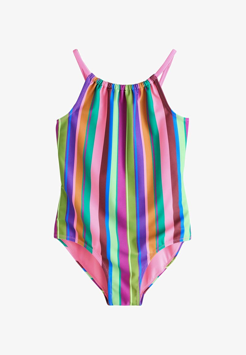 Maillot de bain une-pièce pour enfants, rayures verticales multicolores vives, bretelles fines roses et encolure froncée.