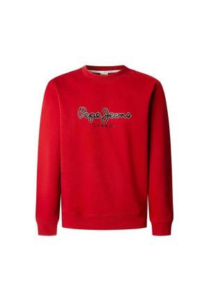 Red sweatshirt made of cotton with long sleeves, a crew neck, and a ribbed hem. Features "Pepe Jeans London" logo in black across the front.