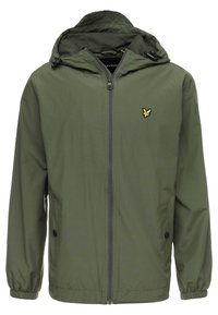 Veste à capuche vert olive avec fermeture éclair à l'avant, poignets élastiques, deux poches latérales boutonnées et un petit logo d'oiseau jaune sur la poitrine.