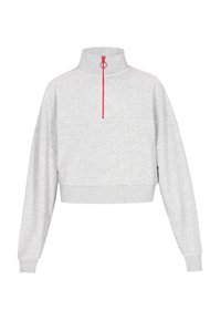 Šedá zkrácená mikina s vysokým límcem, která má červený zip a pružné manžety. Hladký materiál s volným střihem.