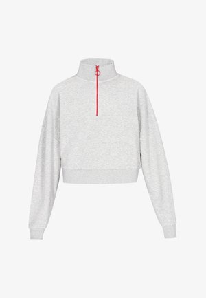Grå kort sweatshirt med høj krave, der har en rød lynlås og ribbede manchetter. Glat tekstur med en afslappet pasform.